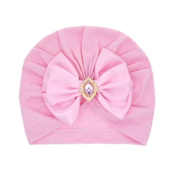 New Infant Pullover Bow and Gem Medallion Turban Hat Pink - Picture 2 of 3